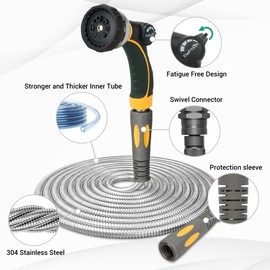TheFitLife Flexible Metal Garden Hose - 75 FT Lightweight Stainless Steel Water Hose with Solid Fittings and Sprayer Nozzle - Leak Proof, Kink Free, Anti-rust, Large Diameter, Durable and Easy Storage