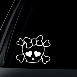 Skull and Cross Bones with Heart Eyes decal sticker - White 6" x 5" (0066)