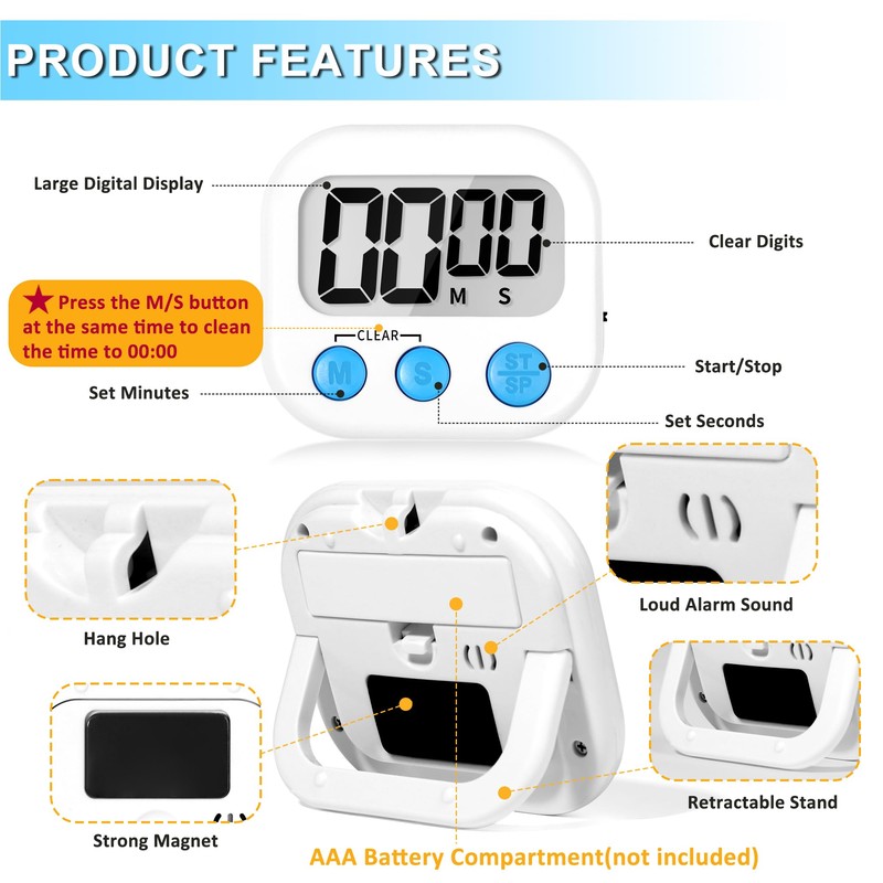 ZILLEEN Kitchen Timer Digital with Magnetic Back for Kids Classroom,