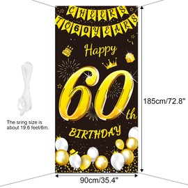 DPKOW Black Gold 60th Birthday Decoration for Man Woman, Black Gold 60th Birthday Banner for Backdrop Door Decoration, 60th Birthday Background Banner for Garden Table Wall Decoration, 185 x 90cm