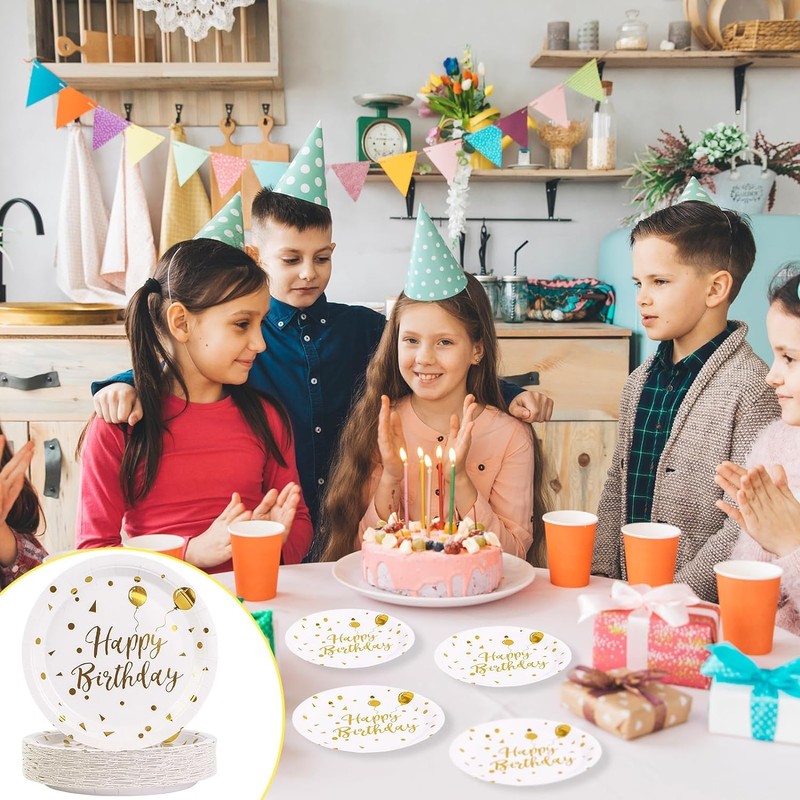 EVYIENEN 50PCS Happy Birthday Party Paper Plates，7inch Disposable White and