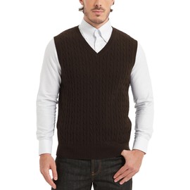 Kallspin Men’s Cable Knit Sweater Vest Pure Cotton V-Neck Sleeveless Knitted Pullover for Fall Winter(Brown, XL)