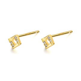 Silver 925 Hypoallergenic Square Tiny Mini Stone Earrings, Yellow Gold, Cubic Zirconia