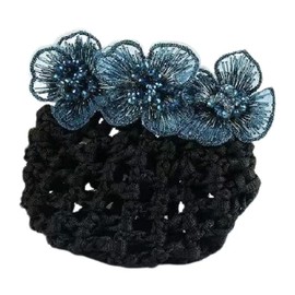 Blue Lace Embroidery Flower with Crystal Hair Net Barrette Elastic Hair Bun Cover Mesh Clip Thick Thin Hairnet Hair Accessories for Women (Blue, One size)