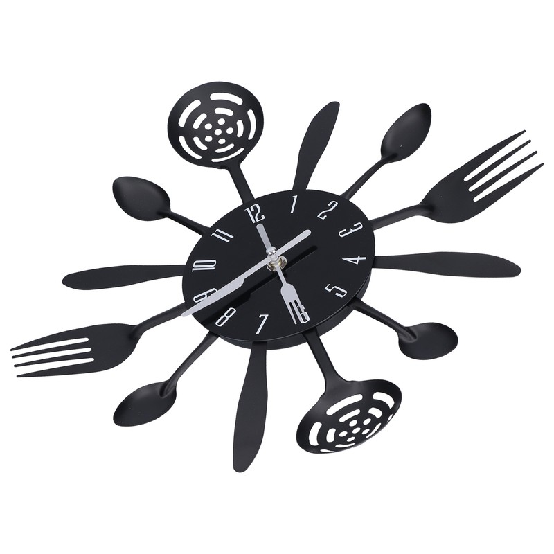 Black Kitchen Wall Clock Removable Modern Cutlery Kitchen Spoon Fork