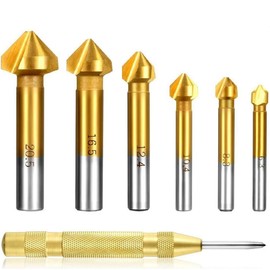 Shallho 6-Piece 90° Countersink Set, HSS Countersink Set, Titanium Coating, Diameter 6.3-20.5 mm, Countersink Drill with 1 Piece Brass Automatic Centre Drill Punch