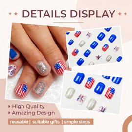 24 Pcs Independence Day Press on Nails Short Square Fake Nails American Flag Fireworks False Nails 4th of July Stick on Nails Silver Glitter Firework Patriotic Artificial Nail for Women Acrylic Nails