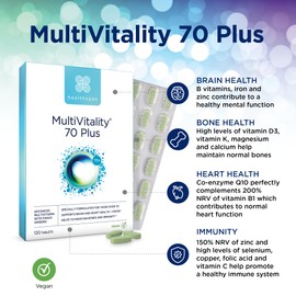 Healthspan Multivitamin 70 Plus | (240 Tablets) | Vitamin C & Vitamin D3 | Brain, Heart, Bone & Immunity Health | Ginseng, Bioflavonoids & Acetyl L-carnitine | Vegan