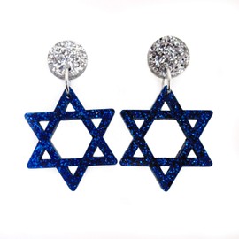 Big Fun and Shiny Glitter Blue Star of David Stud Earrings with Hypoallergenic Nickel Free Titanium Posts, Bat Mitzvah Hanukkah Festival of Lights Dangle Earrings