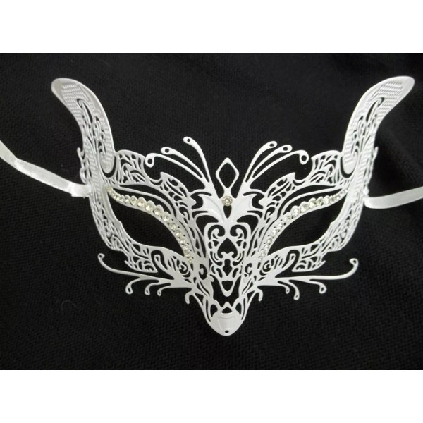 MGMB White Fox Cat Rhinestone Laser Cut Venetian Mask Masquerade
