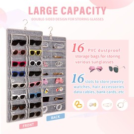 KGMCARE Dual Sided Sunglasses Storage organizer case, Eyeglasses Holder Wall Mounted with 32 Clear Slots & Metal Hook, Dust Proof Sunglasses Storage Case
