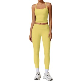 Womens Workout Sets Two Piece Seamless Stretch Cross Back Tank Top Matching Tummy Control High Waist Leggings Set 2 Piece For Women Gym Yoga Active Wear Outfits Athletic Work Out Clothes S Yellow
