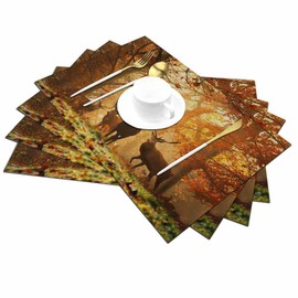 Walmsco Placemats Deer Autumn Woods Sunset Decor For Dining Room Kitchen Table,Waterproof Non-Slip Washable Heat Resistant Placemats,Set of 4,12"x18"