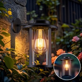 Solar Wall Lanterns Outdoor Lights,2 Pack Waterproof Metal Solar Outdoor Light LED Edison Bulbs Decorative Wall Lantern with Hooks,for Gazebo Yard Garage Patio Camp Porch