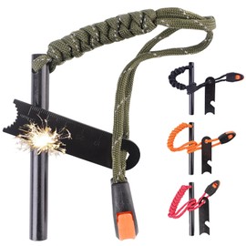 Fire Steel Flint, Survival 4 Piece Fire Starter Set - Ferro Rod Fire Steel with 6-in-1 Scraper, Paracord Handle - Flint Fire Starter for Outdoor Campfire, Survival & Emergency Equipment