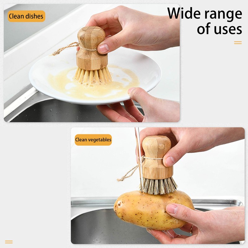 Natural Sisal Dish Washing Brush Bamboo Round Scrub Brush Pots