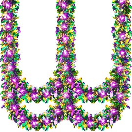 Kingdder 16.4 ft Mardi Gras Garland with Lights Tinsel Decorations Prelit Metallic 50 LED Hanging Decor Mardi Gras Tree Purple Green Gold Foil Sparkling Glitter Garland for Carnival Party Decor