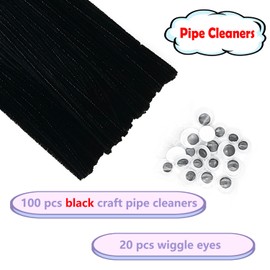 Cldamecy 100 pcs Black Pipe Cleaners with 20 pcs Googly Eyes,Chenille Stems for Craft Project,Craft Pipe Cleaners for Kids DIY Projects,Arts and Holiday Decoration