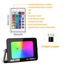 RIGIDON 1 x 30 W RGB LED Spotlight with Remote Control, 3000 LM RGBW Colour Changing Floodlight, 16 Colours, 4 Modes, Dimmable Floodlight Lamp for Party, Garden, Tree, Landscape, Disco Celebrations,