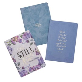 Christian Art Gifts Slim Scripture Notebooks for Women, Be Still and Know that I am God - Psalm 46:10 Inspirational Bible Verse Variety, Purple/Blue Floral Set/3 Medium