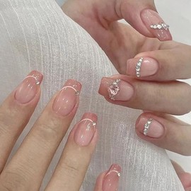 Resweky Medioum Lange Platz Gefälschte Nägel Französisch Presse auf Nägel Glänzende Kristall Nackt Gefälschte Nägel Volle Abdeckung Acryl Nägel für Frauen