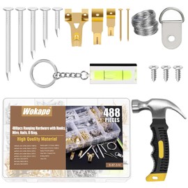 Wokape 488Pcs Picture Hanging Tool Kit Contain Small Hammer, Magnetic Level, Frame Hooks, Nägel, D-Ring mit Schraube und Draht, Hanging Hardware Wall Art Hanging Set For Home Decor