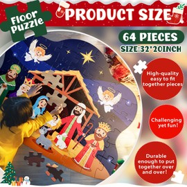 Juexica 64 Pieces Christmas Floor Puzzle with Nativity Scene Jumbo Puzzle 32inch Floor Puzzles Kids Christmas Puzzle Floor Puzzles for Kids Ages 4-8,Gifts, Home Decoration