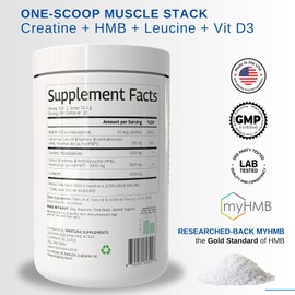 HMB Leucine Creatine Powder – 5g Creatine Monohydrate, 3g HMB, 3g L-Leucine with Vitamin D3 – Vegan Lemonade Flavor – Muscle & Strength Support – 30 Servings