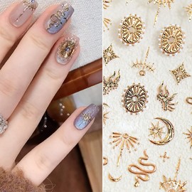 1 Sheets Star Nail Stickers Gold Moon Nail Art Stickers Decals 5D Embossed Self-Adhesive Retro Snake Stars Nail Decorations Hot Stamping Nails Supplies for Women DIY for Nails Accessories