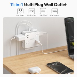 NTONPOWER Multi Plug Wall Outlet with USB Ports(1 USB C), Wall Outlet Extender Surge Protector 1800 Joules, 3 Sided Outlet Splitter Widely Spaced for Home, Dorm Essentials(White)