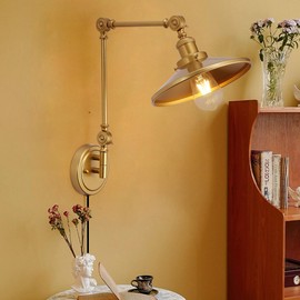SUNLLOK Modern Swing Arm Plug in Wall Sconces - Rustic Adjustable Gold Lampshade Hanging Wall Light Fixture - Industrial Metal Reading Wall Mounted Lamp Decoration for Living Room, Kids Bedroom