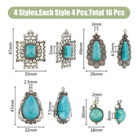 HOBBIESAY Pack of 16 4 Styles Cross Antique Silver Pendants in Tibetan Style Teardrop Shaped Synthetic Turquoise DIY Craft Pendant Cherry Pendant Accessories with Loop Design for Jewellery Making