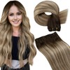 LaaVoo Hand Tied Weft Hair Extensions Human Hair Ombre Hair Extensions Sew in Dark Brown to Light Brown Mix Caramel Blonde Balayage Weft Extensions Human Hair Silky Straight 18 Inch 100g