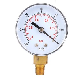 Regun Vacuum Pressure Gauge, -1-0Bar -30-0inhg Universal Vacuum Pressure Gauge 50 mm 1/8 BSPT Brass Vacuum Pressure Gauge for Water, Oil, Air or Gas