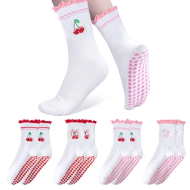 4 Pairs Reformer Pilates Socks Non-Slip Grippy Socks, Breathable & Cute Embroidery Design, Perfect for Yoga, Pilates, Barre, and Home Use
