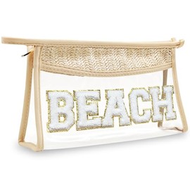 Bolsa de maquillaje con letra de chenilla con purpurina, capacidad de 1.1 l, bolsa de playa transparente, fácil de transportar, tela hecho a mano, material impermeable, bolsa de maquillaje