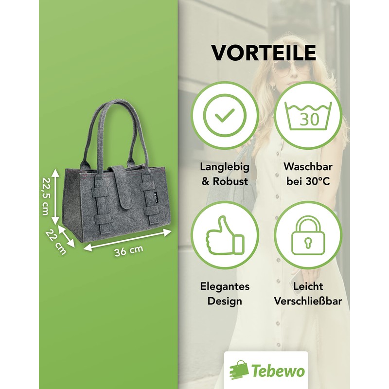 Tebewo Handbag, shopping bag made of felt, closable shopping bag