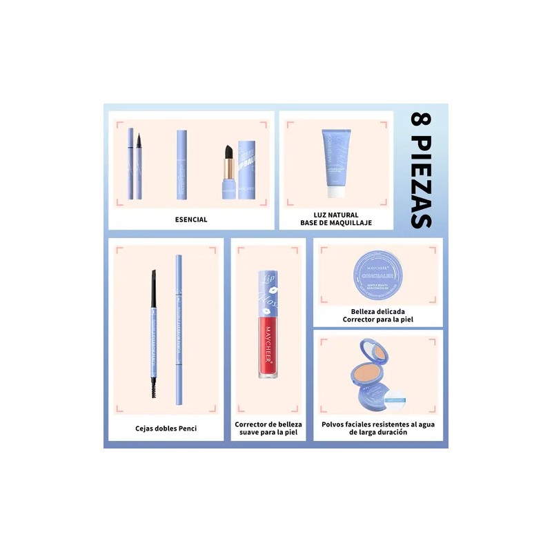Set De 8 Psc Mascara Polvo Lápiz Labial Eyeliner Concealer