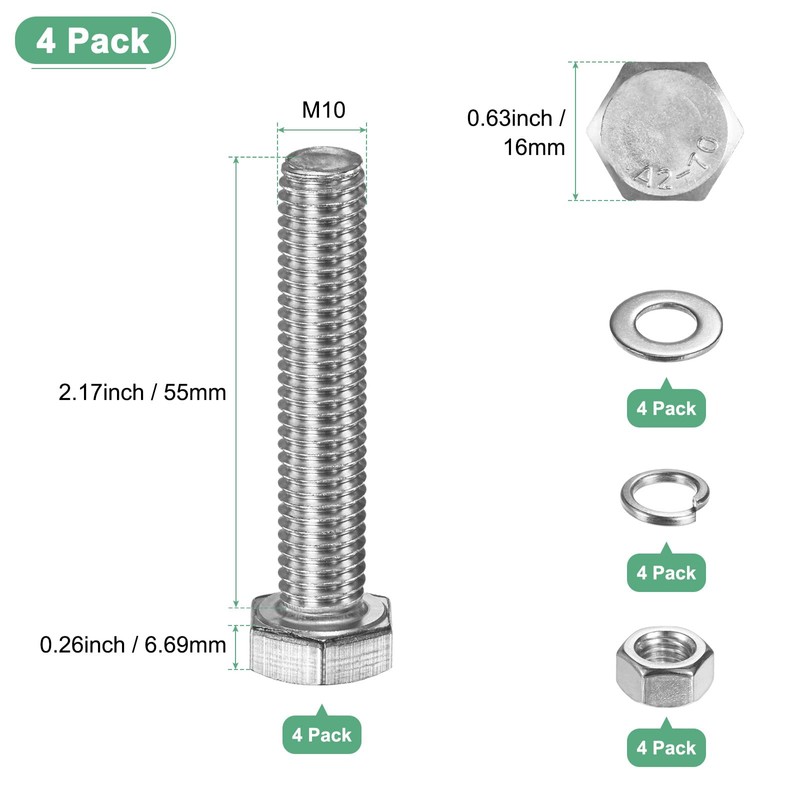 M METERXITY 4-Pack Hex Head Screw Bolt with Nuts Flat