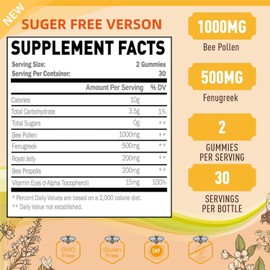 Joywiit Bee Pollen 1000mg Sugar Free Gummies, w/Fenugreek, Royal Jelly, Propolis, Organic Bee Pollen Chewable Supplement for Women, Rich in Vitamin E, Immunity & Skin Care, 60 Counts