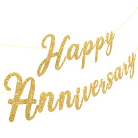 Happy Anniversary Banner Sign Gold Glitter Wedding Bunting Banner Flag Garland for Anniversary Party Decorations Supplies