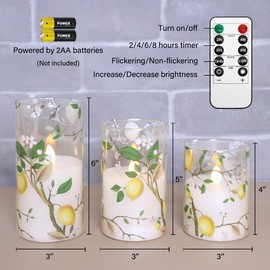 Silverstro Flameless LED Candles with Remote Lemon Decal Glass Flickering Battery Operated Candles for Home Room Party Easter Wedding Holiday Decor - Set of 3