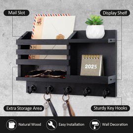 Nekon Key Holder for Wall, 11.8" x 7.8" x 3.1" Wooden Key and Mail Organizer Wall-Mounted, Key Rack with 5 Hooks for Entryway Hallway, Rustic Home Decor (Black)