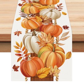 Bonhause Fall Pumpkin Leaves Table Runner 13x72 Inch Orange Buffalo Plaid Autumn Thanksgiving Harvest Kitchen Dinning Table Decoration for Indoor Outdoor Home Party Decor