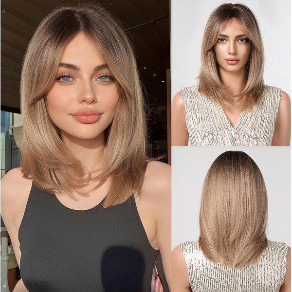 Esmee Short Straight Ombre Blonde Bob Wigs with Curtain Fringe