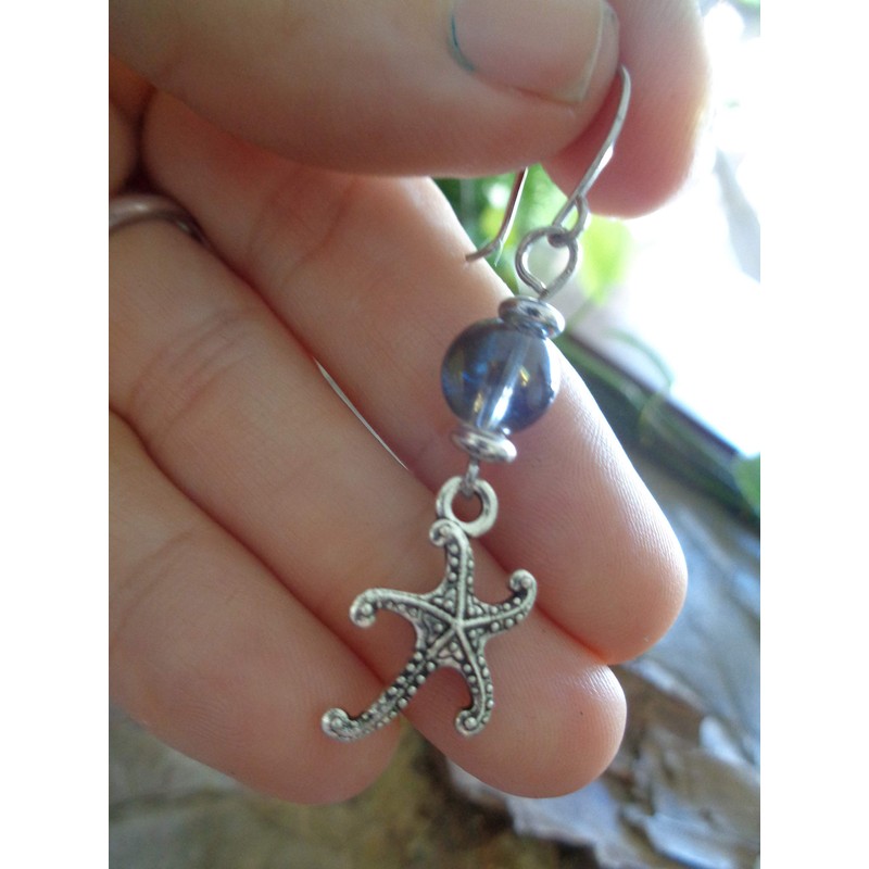 Starfish and blue soap bubbles glass. Beautiful earrings on unique