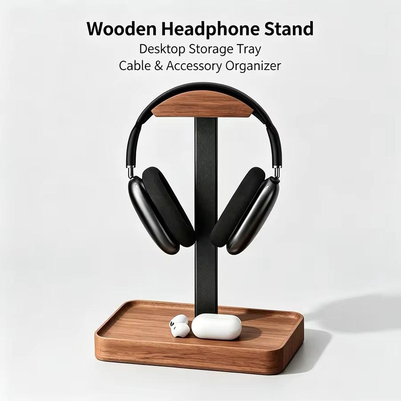 Solid Wood Headphone Stand for Gaming and Office Desks –