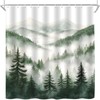 Dark Green Misty Pine Forest Shower Curtain Mountain Foggy Scenery,70x70IN
