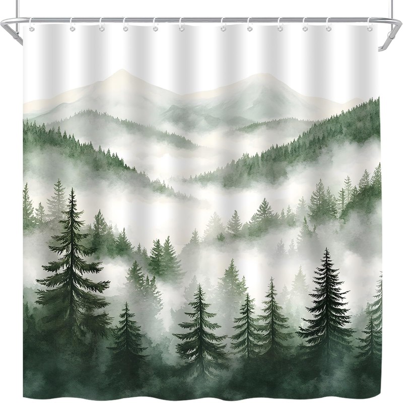 Dark Green Misty Pine Forest Shower Curtain Mountain Foggy Scenery,70x70IN