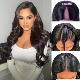Xagujpo Body Wave V Part Wigs Human Hair for Women Glueless Upgrade U Part Wigs Machine Made Clips in V Part Wig Leave Out Real Scalp Beginner Friendly Natural Color 210% Density 22Inch